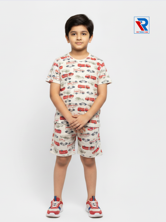 Boys’ cream and red t-shirt and shorts set for ages 2–10 years, folded arms view – Riotrend stylish outfit.