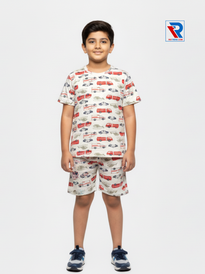 Boys’ cream and red t-shirt and shorts set for ages 2–10 years, front view – Riotrend stylish outfit.