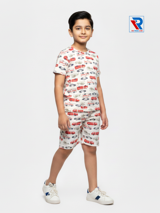 Boys’ cream and red t-shirt and shorts set for ages 2–10 years, side view – Riotrend stylish outfit.