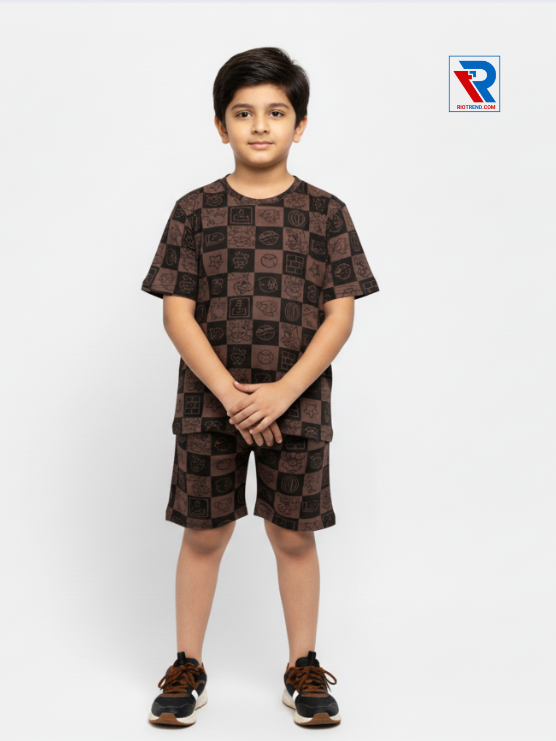 Boys’ dark taupe t-shirt and shorts set for ages 2–10 years, folded arms view – Riotrend stylish outfit.