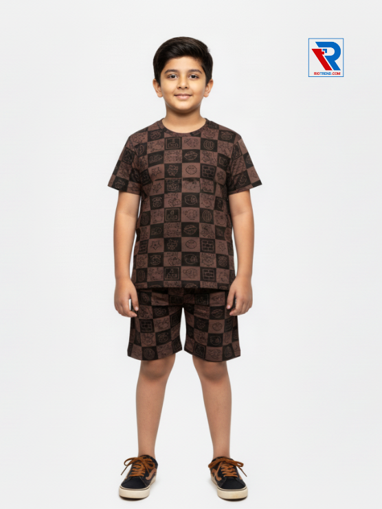 Boys’ dark taupe t-shirt and shorts set for ages 2–10 years, front view – Riotrend stylish outfit.