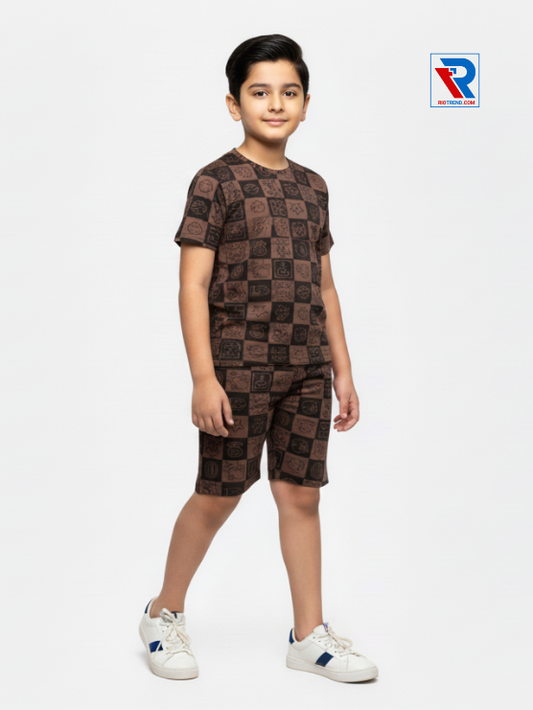 Boys’ dark taupe t-shirt and shorts set for ages 2–10 years, side view – Riotrend stylish outfit.