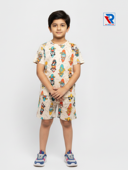 Boys’ desert sand t-shirt and shorts set for ages 2–10 years, folded arms view – Riotrend stylish outfit.