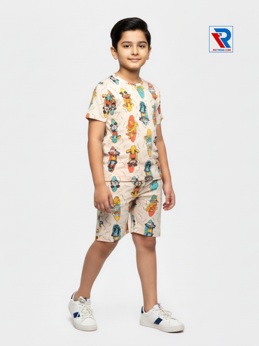 Boys’ desert sand t-shirt and shorts set for ages 2–10 years, side view – Riotrend stylish outfit.