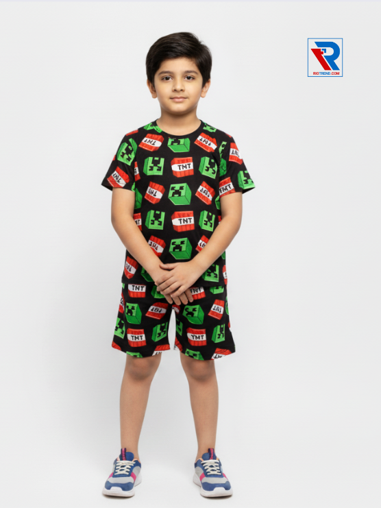 Boys’ eerie black t-shirt and shorts set for ages 2–10 years, folded arms view – Riotrend stylish outfit.