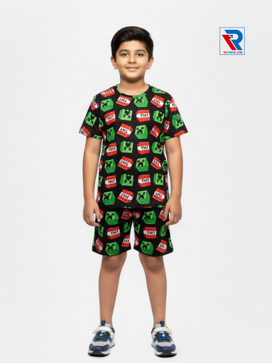 Boys’ eerie black t-shirt and shorts set for ages 2–10 years, front view – Riotrend stylish outfit.