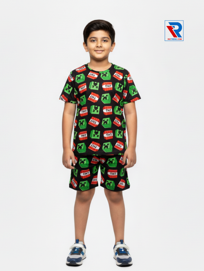 Boys’ eerie black t-shirt and shorts set for ages 2–10 years, front view – Riotrend stylish outfit.
