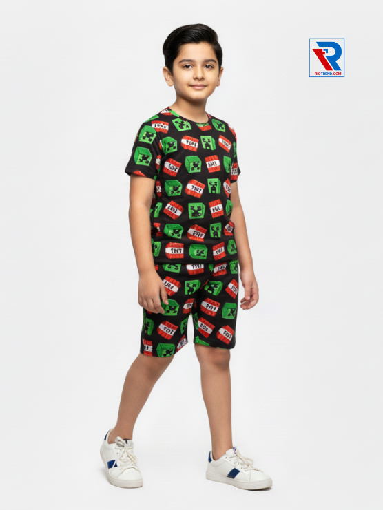 Boys’ eerie black t-shirt and shorts set for ages 2–10 years, side view – Riotrend stylish outfit.