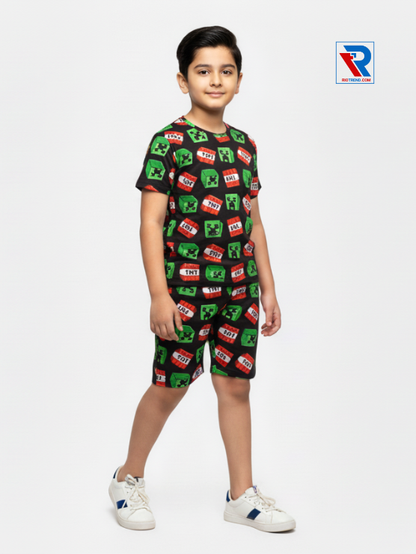 Boys’ eerie black t-shirt and shorts set for ages 2–10 years, side view – Riotrend stylish outfit.