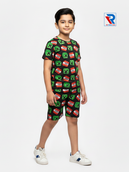 Boys’ eerie black t-shirt and shorts set for ages 2–10 years, side view – Riotrend stylish outfit.
