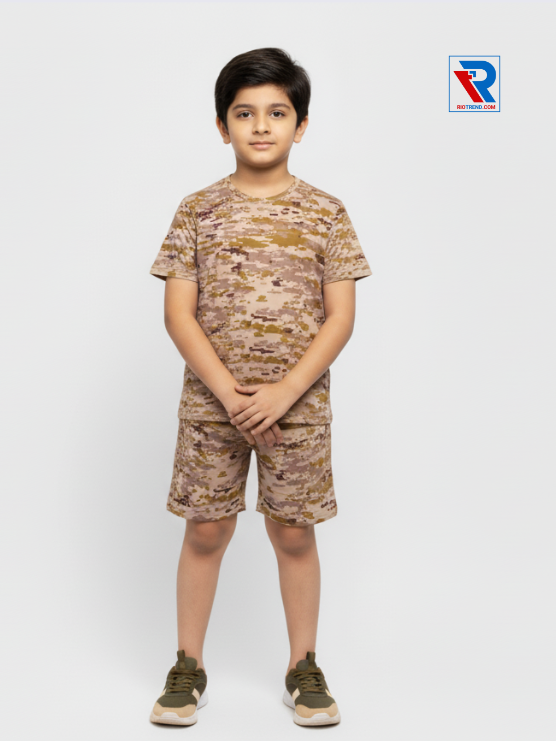 Boys’ light brown t-shirt and shorts set for ages 2–10 years, folded arms view – Riotrend stylish outfit.