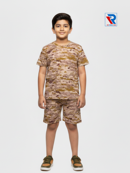 Boys’ light brown t-shirt and shorts set for ages 2–10 years, front view – Riotrend stylish outfit.