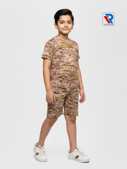 Boys’ light brown t-shirt and shorts set for ages 2–10 years, side view – Riotrend stylish outfit.