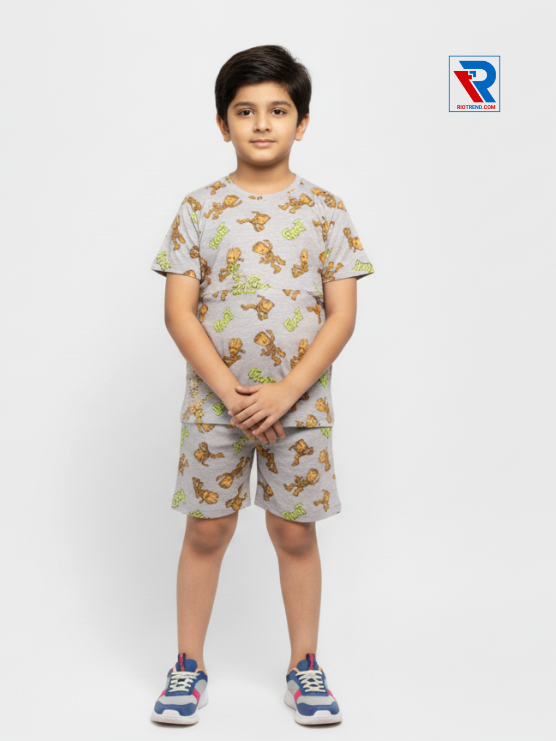 Boys’ pale silver t-shirt and shorts set for ages 2–10 years, folded arms view – Riotrend stylish outfit.