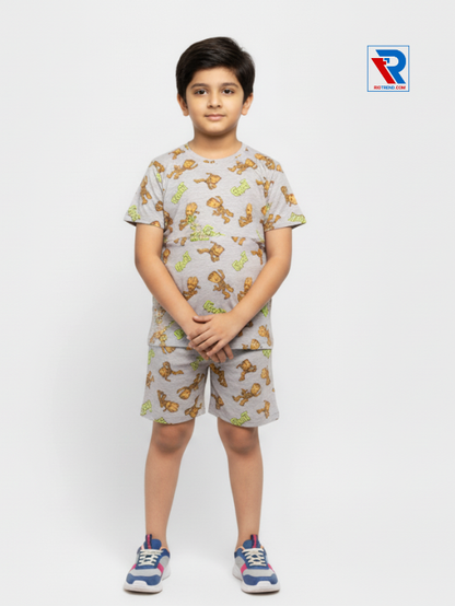 Boys’ pale silver t-shirt and shorts set for ages 2–10 years, folded arms view – Riotrend stylish outfit.