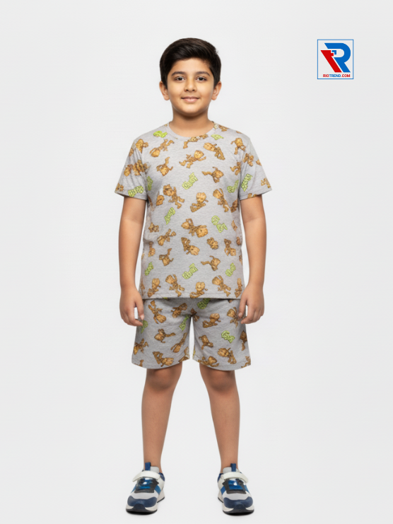 Boys’ pale silver t-shirt and shorts set for ages 2–10 years, front view – Riotrend stylish outfit.