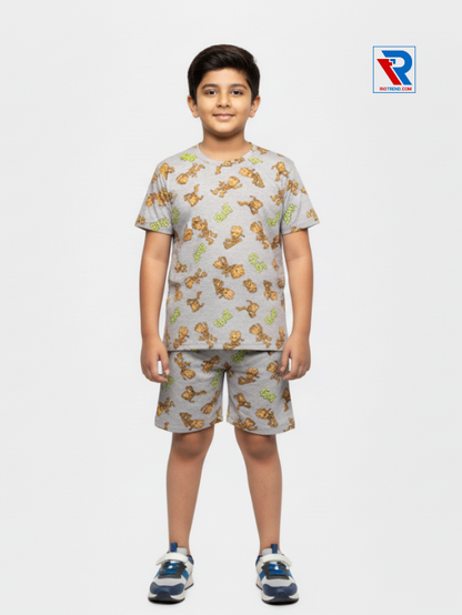 Boys’ pale silver t-shirt and shorts set for ages 2–10 years, front view – Riotrend stylish outfit.