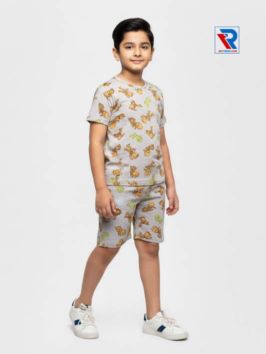 Boys’ pale silver t-shirt and shorts set for ages 2–10 years, side view – Riotrend stylish outfit.