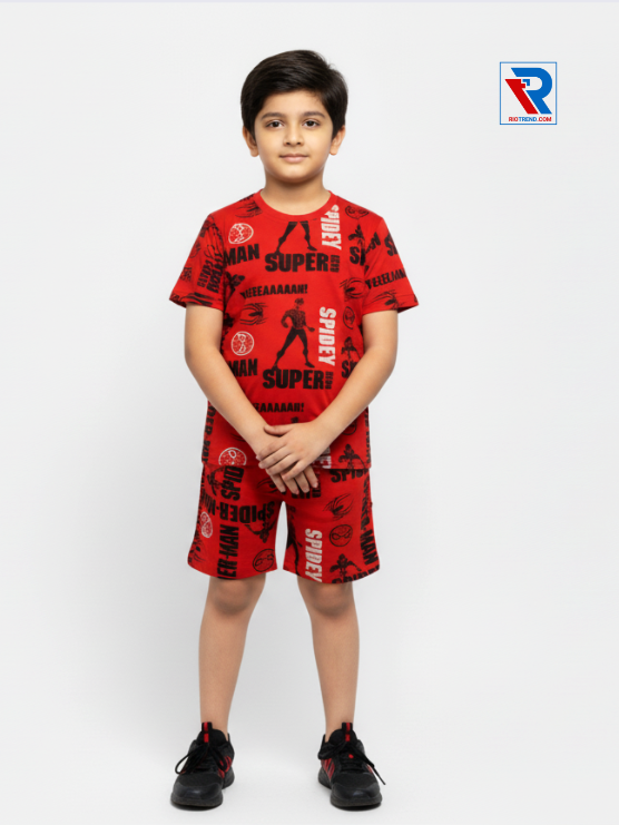 Boys’ red and black t-shirt and shorts set for ages 2–10 years, folded arms view – Riotrend stylish outfit.
