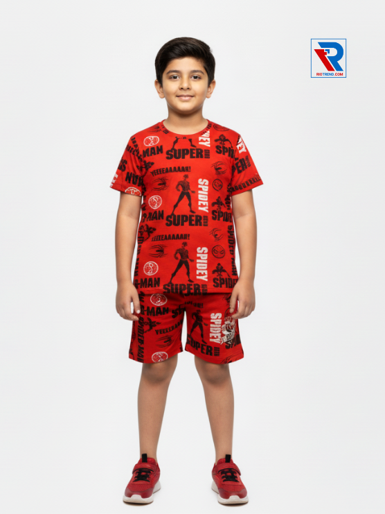 Boys’ red and black t-shirt and shorts set for ages 2–10 years, front view – Riotrend stylish outfit.