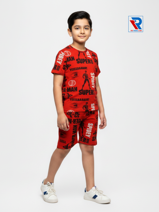 Boys’ red and black t-shirt and shorts set for ages 2–10 years, side view – Riotrend stylish outfit.