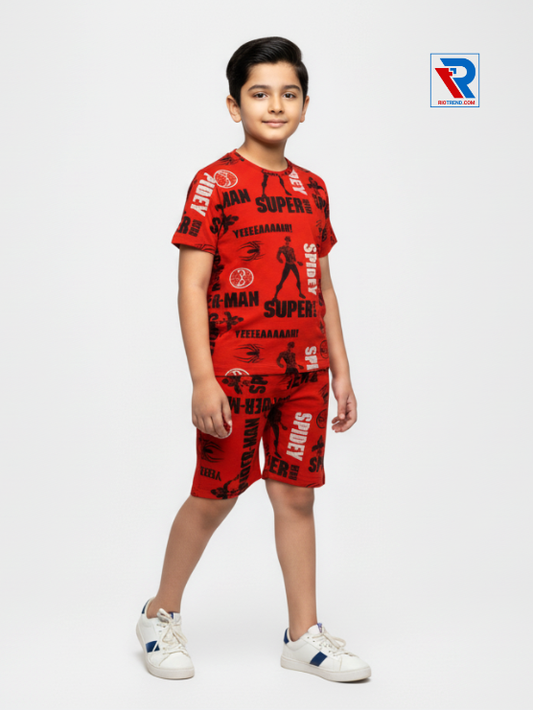 Boys’ red and black t-shirt and shorts set for ages 2–10 years, side view – Riotrend stylish outfit.