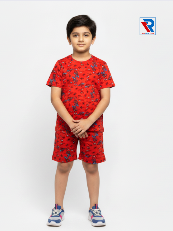 Boys’ red and blue t-shirt and shorts set for ages 2–10 years, folded arms view – Riotrend stylish outfit.