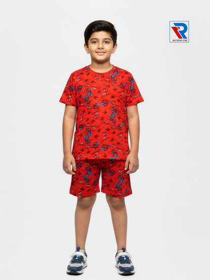 Boys’ red and blue t-shirt and shorts set for ages 2–10 years, front view – Riotrend stylish outfit.