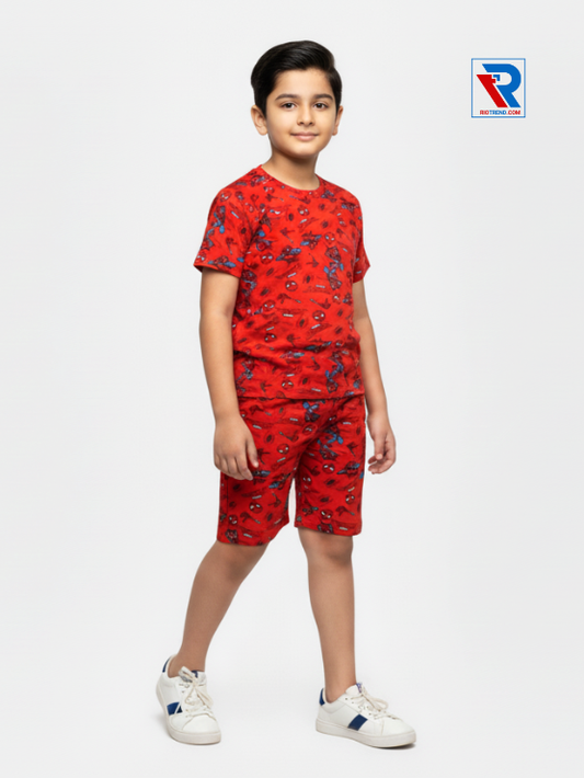 Boys’ red and blue t-shirt and shorts set for ages 2–10 years, side view – Riotrend stylish outfit.