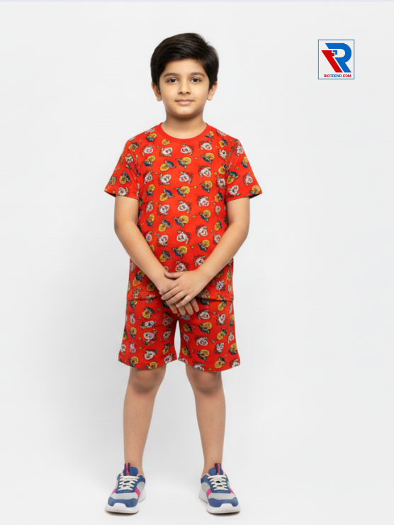 Boys’ red and yellow t-shirt and shorts set for ages 2–10 years, folded arms view – Riotrend stylish outfit.