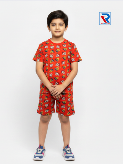 Boys’ red and yellow t-shirt and shorts set for ages 2–10 years, folded arms view – Riotrend stylish outfit.
