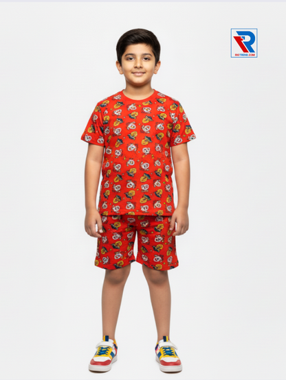 Boys’ red and yellow t-shirt and shorts set for ages 2–10 years, front view – Riotrend stylish outfit.