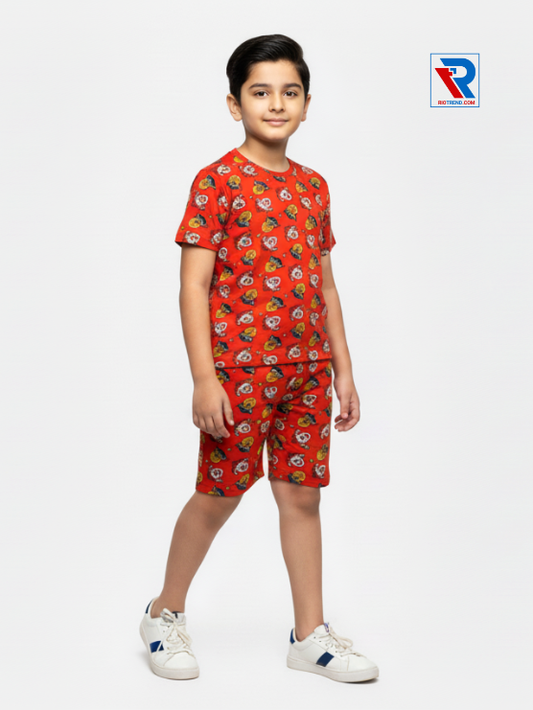 Boys’ red and yellow t-shirt and shorts set for ages 2–10 years, side view – Riotrend stylish outfit.