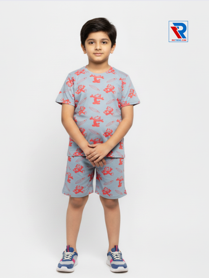 Boys’ silver sand t-shirt and shorts set for ages 2–10 years, folded arms view – Riotrend stylish outfit.