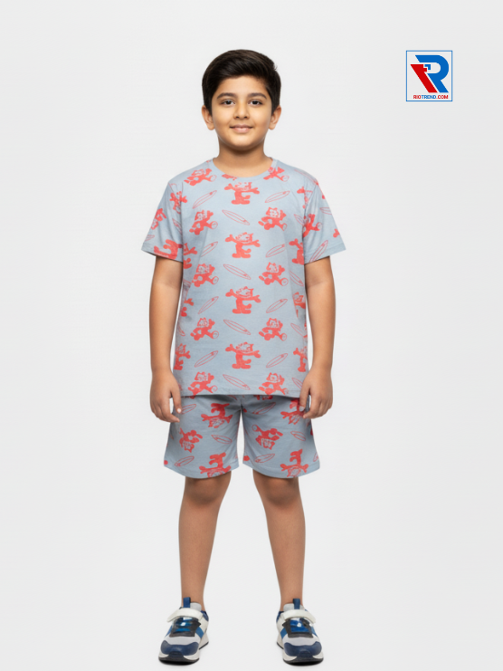Boys’ silver sand t-shirt and shorts set for ages 2–10 years, front view – Riotrend stylish outfit.