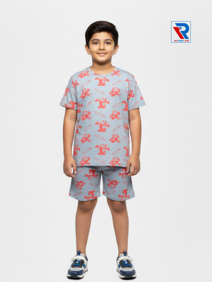 Boys’ silver sand t-shirt and shorts set for ages 2–10 years, front view – Riotrend stylish outfit.