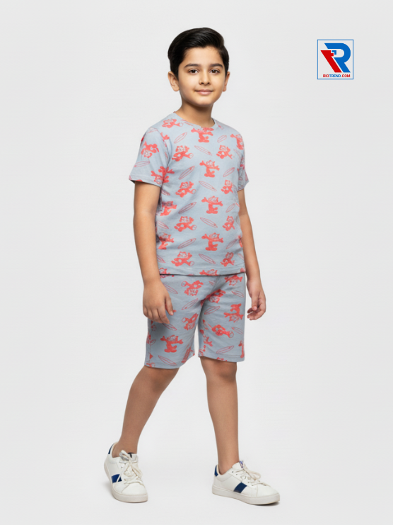 Boys’ silver sand t-shirt and shorts set for ages 2–10 years, side view – Riotrend stylish outfit.