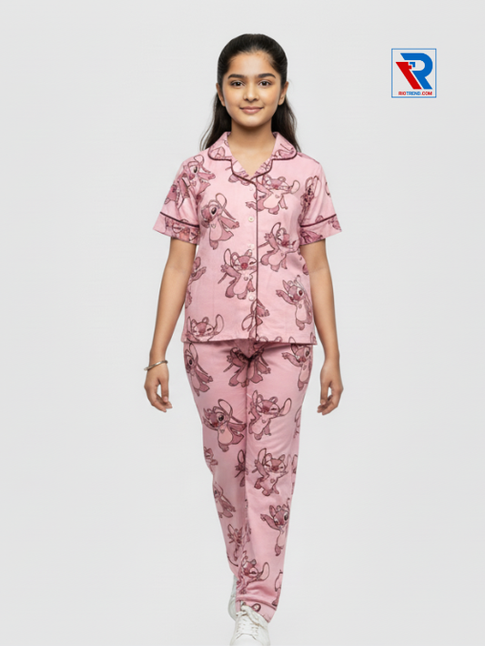 Girls night suit set, ages 7–12, black top and pyjama pants, front view – RioTrend kids sleepwear highlighting design and comfort.