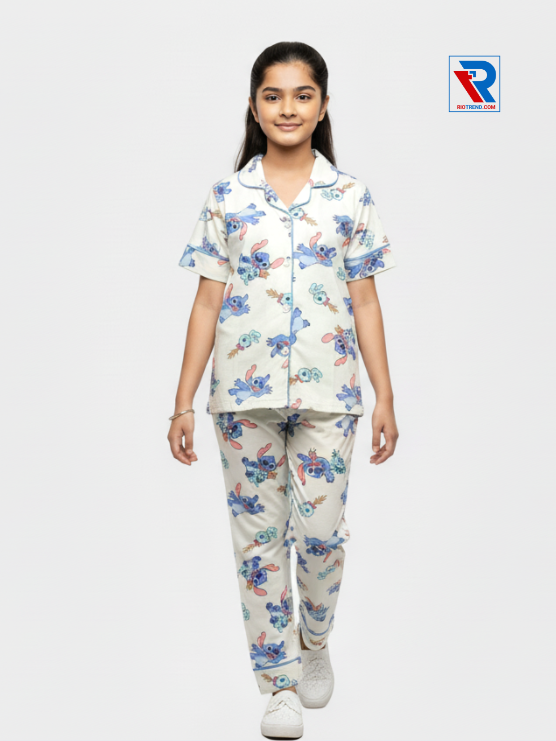 Girls night suit set, ages 7–12, bright whitest white top and pyjama pants, front view – RioTrend kids sleepwear highlighting design and comfort.