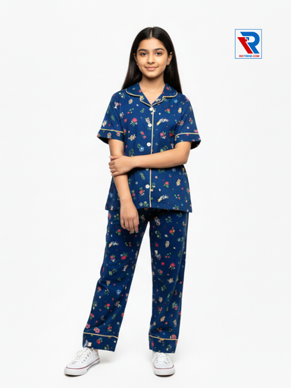 Girls night suit set, ages 7–12, charming dark blue top and pyjama pants, folded‑arms view – RioTrend kids sleepwear emphasizing a confident, stylish look.