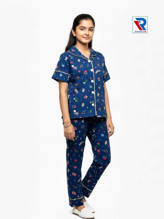 Girls night suit set, ages 7–12, charming dark blue top and pyjama pants, folded‑leg view – RioTrend kids sleepwear showcasing a casual, relaxed pose.