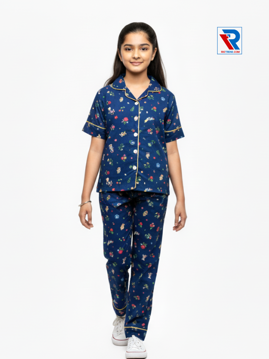 Girls night suit set, ages 7–12, charming dark blue top and pyjama pants, front view – RioTrend kids sleepwear highlighting design and comfort.