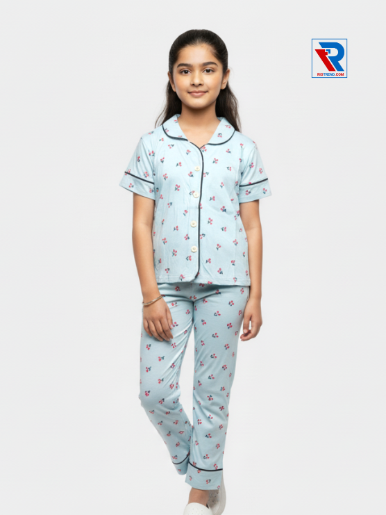 Girls night suit set, ages 7–12, charming dark stylish blue top and pyjama pants, folded‑leg view – RioTrend kids sleepwear showcasing a casual, relaxed pose.