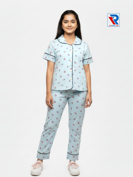 Girls night suit set, ages 7–12, charming dark stylish blue top and pyjama pants, relaxed pose view – RioTrend kids sleepwear emphasizing everyday comfort and style.