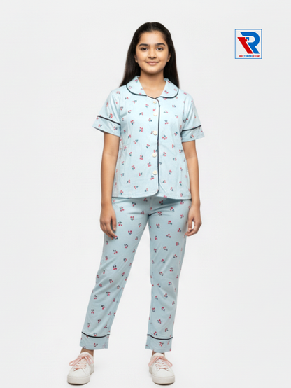 Girls night suit set, ages 7–12, charming dark stylish blue top and pyjama pants, relaxed pose view – RioTrend kids sleepwear emphasizing everyday comfort and style.
