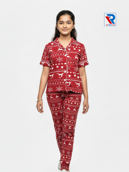 Girls night suit set, ages 7–12, charming red top and pyjama pants, front view – RioTrend kids sleepwear highlighting design and comfort.