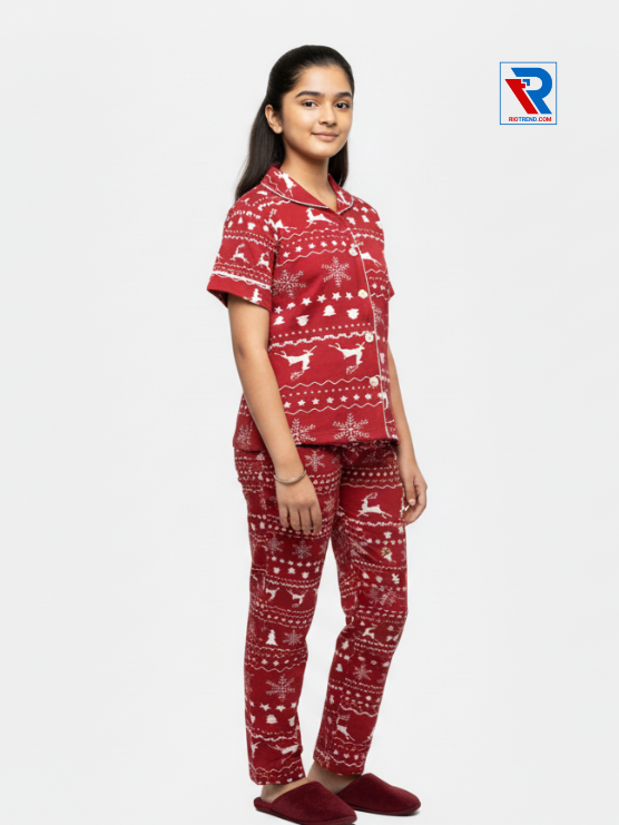 Girls night suit set, ages 7–12, charming red top and pyjama pants, relaxed pose right view – RioTrend kids sleepwear emphasizing everyday comfort and style.
