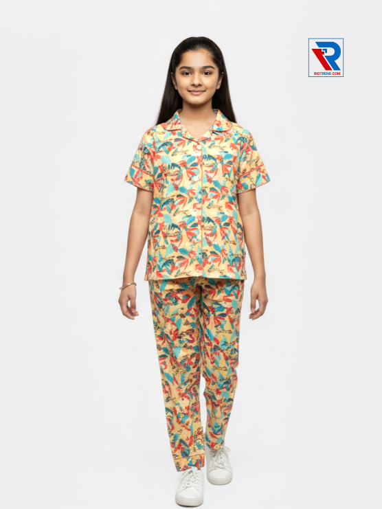 Girls night suit set, ages 7–12, comfort yellow top and pyjama pants, front view – RioTrend kids sleepwear highlighting design and comfort.