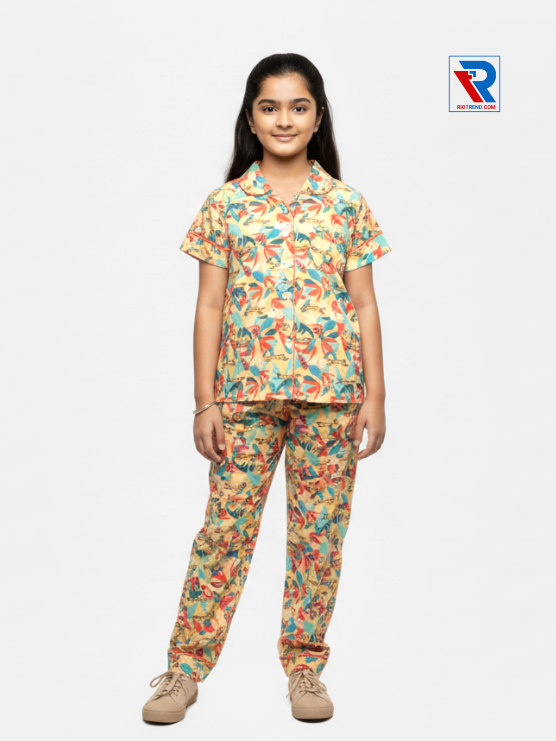 Girls night suit set, ages 7–12, comfort yellow top and pyjama pants, relaxed pose view – RioTrend kids sleepwear emphasizing everyday comfort and style.