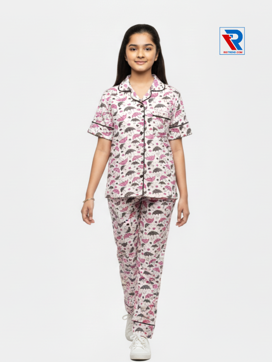 Girls night suit set, ages 7–12, cream top and pyjama pants, front view – RioTrend kids sleepwear highlighting design and comfort.